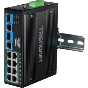 TRENDnet TI-BG104 10-Port Ethernet Switch, 4 Gigabit PoE++ ports, 4 Gigabit PoE+ ports, 2 shared Gigabit SFP slots, 20 Gbps switching capacity, DIN-rail/wall mount